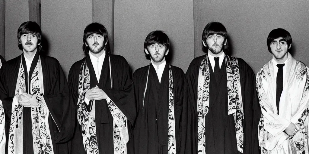 Prompt: the beatles wearing magic robes in a room full of occultists, with a pentagram on the floor, bio-luminescent vivid colors against deep black darkness in the room