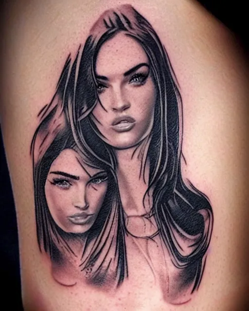 Image similar to creative double exposure effect tattoo design sketch of megan fox faded with beautiful mountain scenery, realism tattoo, in the style of matteo pasqualin, amazing detail, sharp