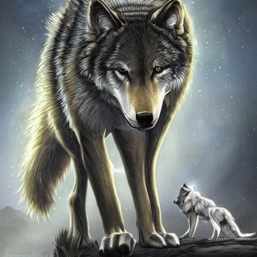 Prompt: a diamond wolf in front of full moon, fantasy art, high definition