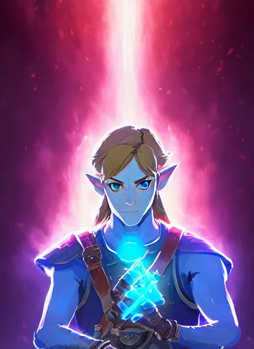 Image similar to link breath of the wild great portrait, cinematic lighting, glowing blue runes, highly detailed, d & d, fantasy, highly detailed, digital painting, trending on artstation, concept art, sharp focus, illustration, art by artgerm and greg rutkowski and fuji choko and viktoria gavrilenko and hoang lap