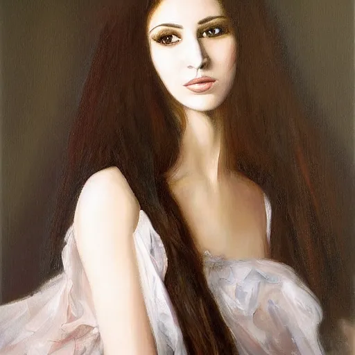 Prompt: painting portrait of a beautiful young long dress woman _ dark _ haired woman by cheval michael