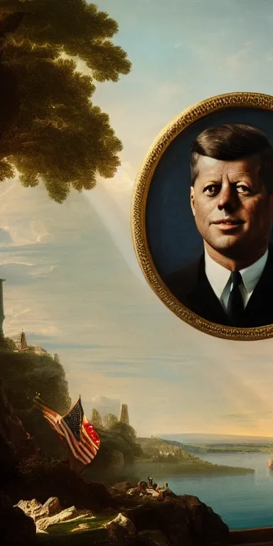 Image similar to a portrait of john f kennedy in the style of thomas cole, with a single eroded corinthian column in the foreground, partially submerged in a deep blue lake, god rays, raytracing, 8k, octane render, volumetric, vivid, beautiful, hyperrealism”