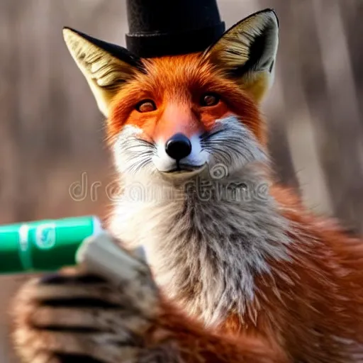 Image similar to a polygamous fox with a hat drinking beer and smoking e - cigarette, stock photo