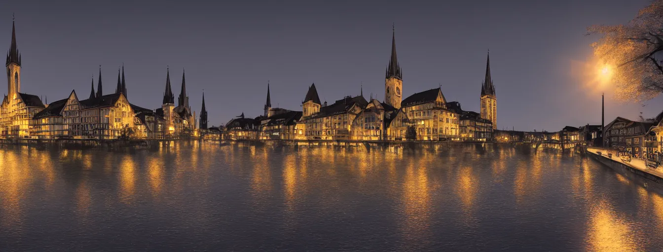 Image similar to Digital painting of Neo-Gothic Zurich, Limmat and the lake at night, wide angle, volumetric light, hyperdetailed, artstation, cgsociety, 8k