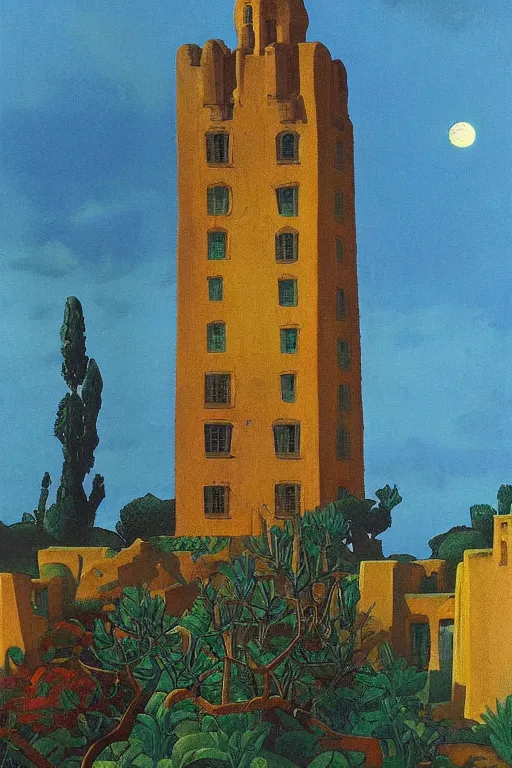 Image similar to view of the ancient blue tower in its gardens after a storm, tall windows, beautiful moorish ornament, dramatic cinematic lighting, rich colors, golden age illustration, by Sylvain Sarrailh and Nicholas Roerich and Ludwig Deutsch and April Gornik