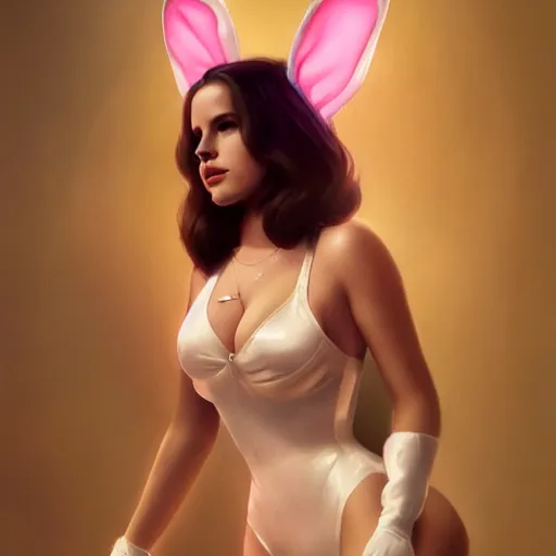 Prompt: detailed photo of lana del rey wearing a playboy bunny outfit, 8 k, by greg rutkowski, artgerm, global illumination