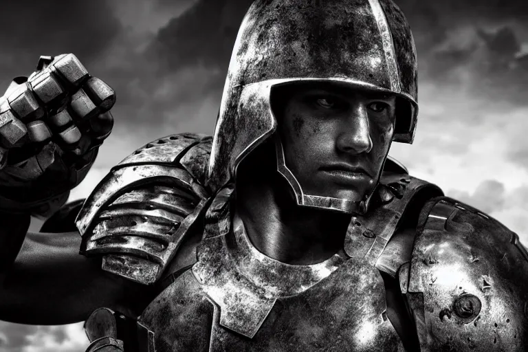 Image similar to still photo of a iron age war man looking at the camera in a battlefield, black and white color aesthetic, highly detailed, photorealistic portrait, bright studio setting, studio lighting, crisp quality and light reflections, unreal engine 5 quality render