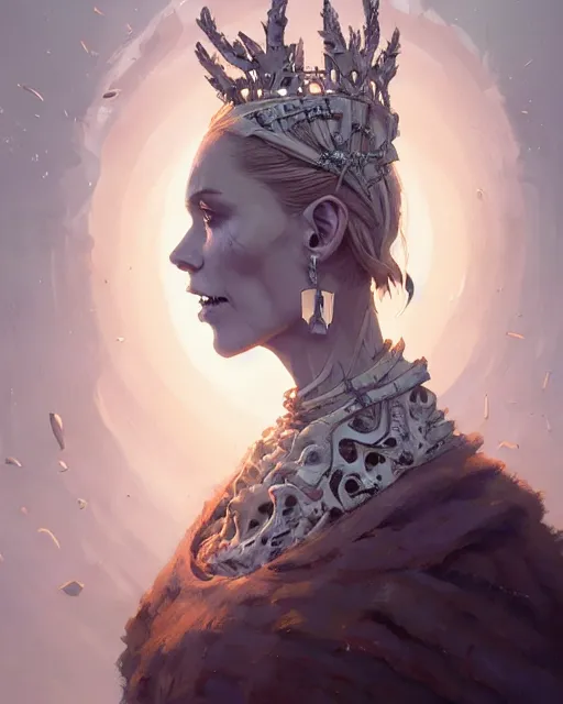 Prompt: portrait of a bone queen, bone crown, skull earings, bone dress, stephen bliss, unreal engine, by greg rutkowski, loish, rhads, makoto shinkai and lois van baarle, ilya kuvshinov, rossdraws, global illumination, radiant light, detailed and intricate environment