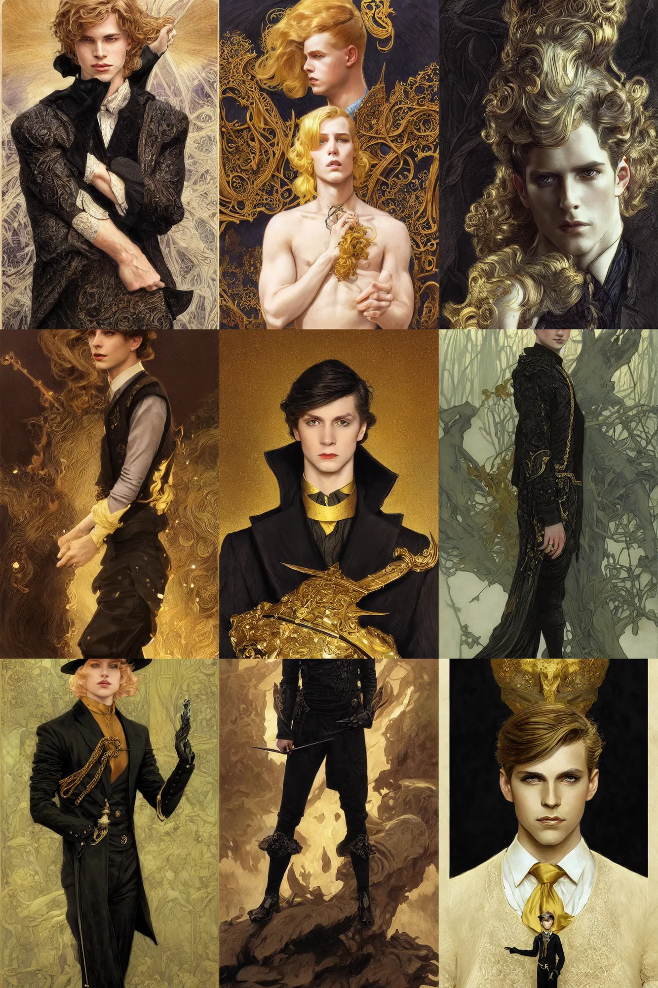 Prompt: young prince, golden hair, black clothes, 1 9 2 0 s fashion, fantasy, highly detailed, intricate, smooth, sharp focus, artstation, digital paining, concept art, art by donato giancola, charlie bowater, greg rutkowski, artgerm, cedric peyravernay, alphonse mucha