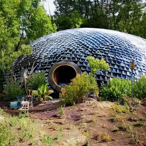 Prompt: beautiful earthship home with permaculture garden
