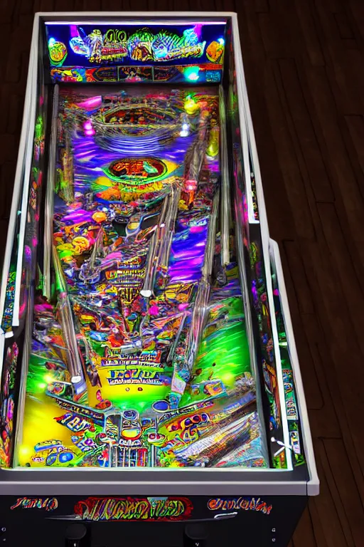 Image similar to a detailed pinball table layout overhead view, game art, realistic digital art, fluorescent colors, halluzinogenic, multicolored, exaggerated detailed, unreal engine