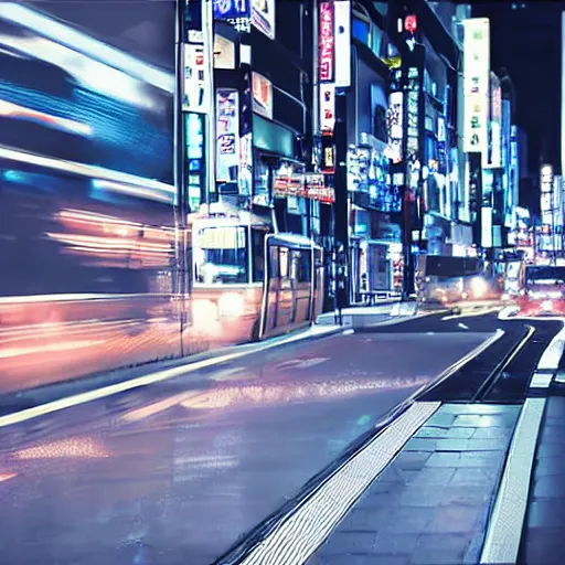 Image similar to a tram ride in tokyo at night, hyper realistic, very detailed, cinematic