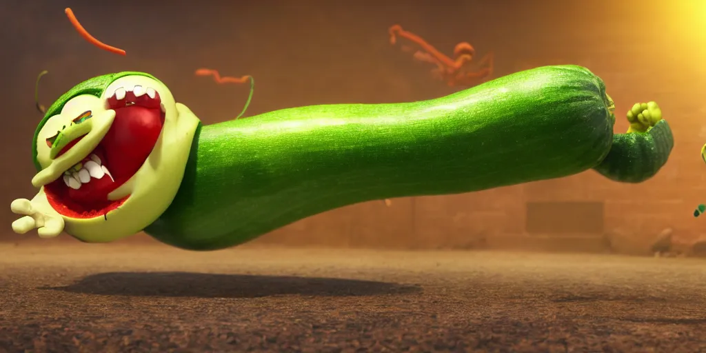 Image similar to detailed 3 d render of a furious zucchini character chasing down a frantic tomato, concept, high speed action, martial arts, explosions, bloody knife, dramatic scene, hyper realistic octane render, cinematic lighting, deviantart, pop - surrealism, lowbrow, frame from independent pixar movie