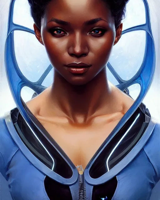 Image similar to Portrait of very very very very very very beautiful black woman, spacesuit, blue eyes, real life skin, intricate, elegant, highly detailed, artstation, concept art, smooth, sharp focus, art by artgerm and greg rutkowski and alphonse mucha