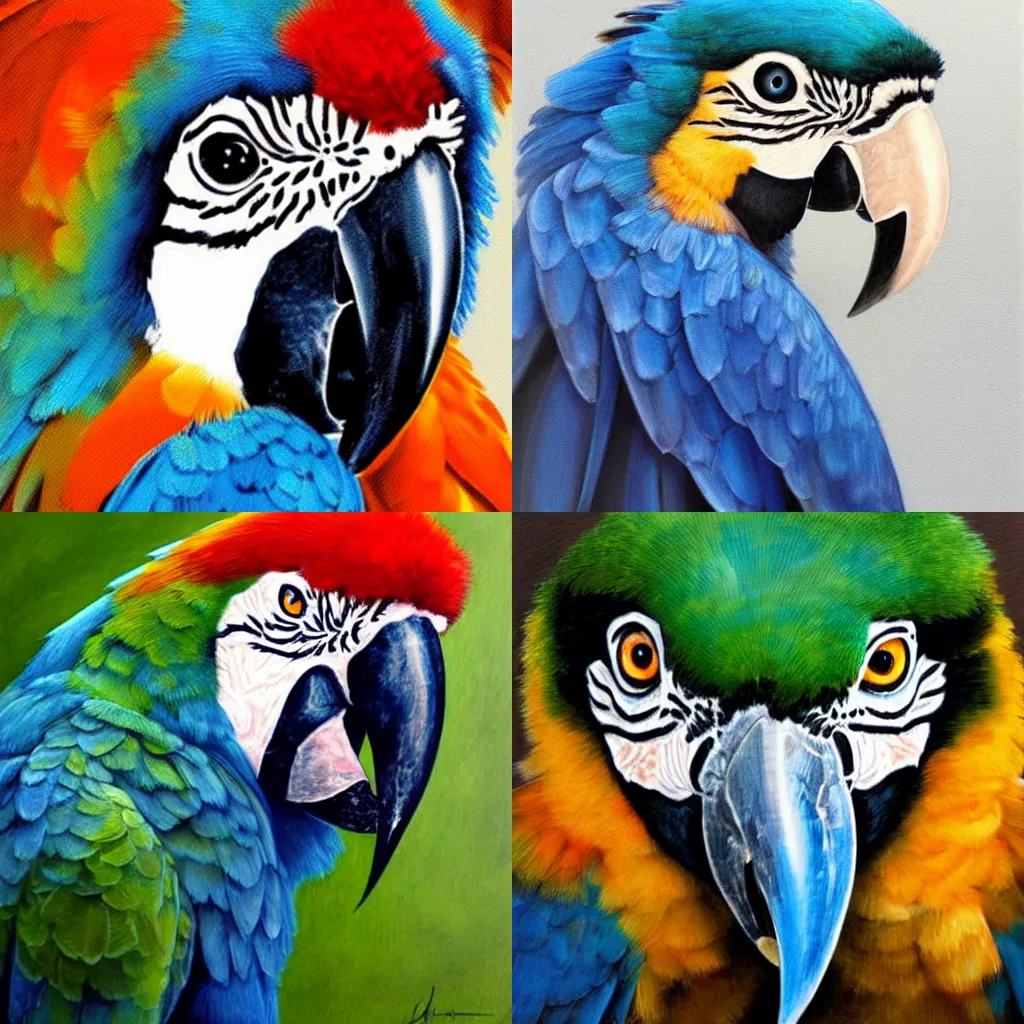 Prompt: a beautiful realistic portrait of a macaw, trending on deviant art
