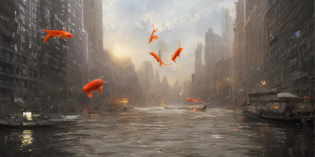 Prompt: giant koi fish flying through manhattan, dim volumetric lighting, 8 k octane render, hdr, postprocessing, hyperdetailed, intricate, epic composition, cinematic lighting, masterpiece, trending on artstation, stunning art by anders zorn, extraordinary artwork by greg rutkowski