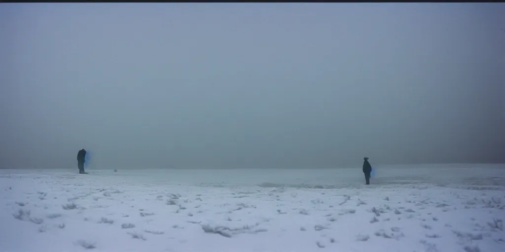 Prompt: photo of green river, wyoming cliffs covered in ice and snow, during a snowstorm. a old man in a trench coat and a cane appears as a hazy silhouette in the distance, looking back over his shoulder. cold color temperature. blue hour morning light, snow storm. hazy atmosphere. humidity haze. kodak ektachrome, greenish expired film, award winning, low contrast.