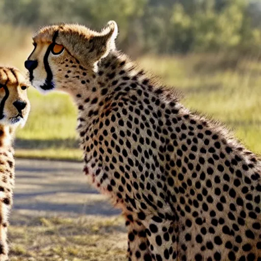 Image similar to a cheetah and a bird in a buddy cop movie, movie still,