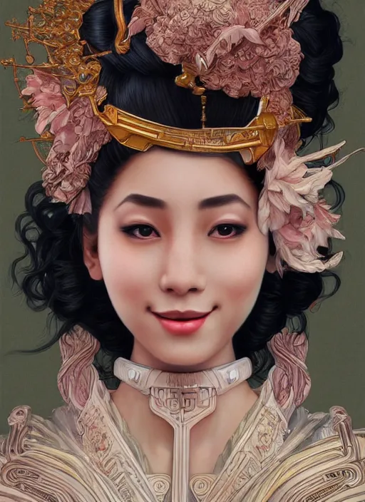 Image similar to ultra realistic illustration, smiling nubian geisha prima ballerina, sci - fi, fantasy, symmetrical face, intricate, elegant, highly detailed, digital painting, artstation, concept art, smooth, sharp focus, illustration, art by artgerm and alphonse mucha