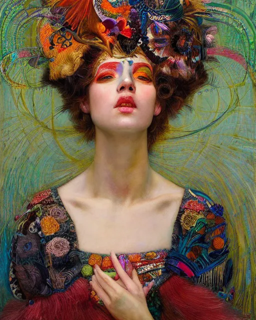 Image similar to a beautiful girl wearing colourful face paint surrounded by bright intricate patterns, by edgar maxence and caravaggio and michael whelan, intricate painting, hyper realistic, extremely detailed and beautiful aesthetic face, 8 k resolution