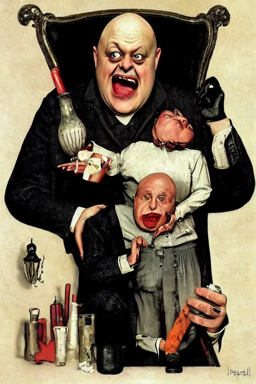 Image similar to uncle fester addams from the addams family painted by norman rockwell