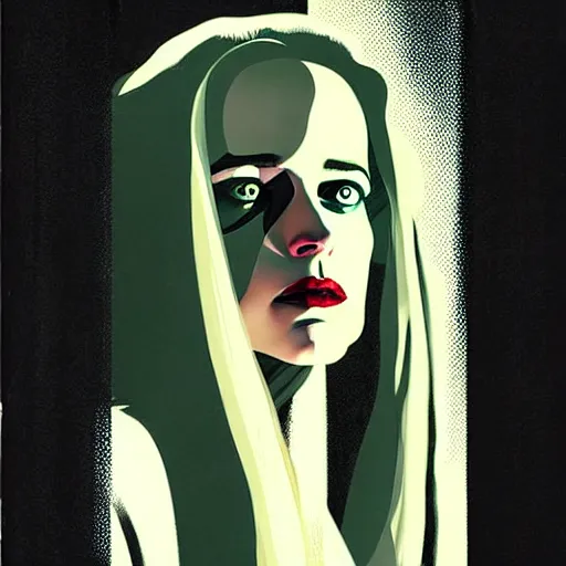 Prompt: comic art by joshua middleton, actress, eva green as laura palmer in the tv show, twin peaks, striped curtains, dark shadows, ominous tones