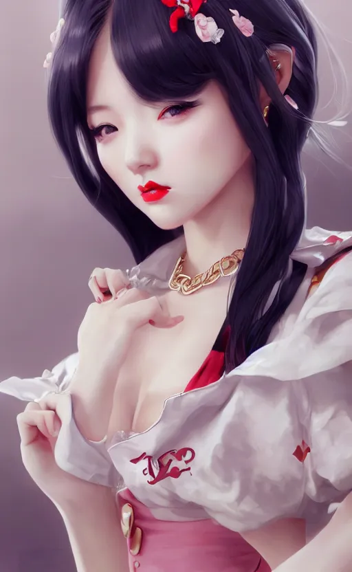 Image similar to a pin up and beautiful fashion charming dreamlke korea girl with lv jewelry, character art, art by artgerm lau and kyoung hwan kim and and ilya kuvshinov and john singer sargent, hyperdetailed, 8 k realistic, symmetrical, frostbite 3 engine, cryengine, dof, trending on artstation, digital art