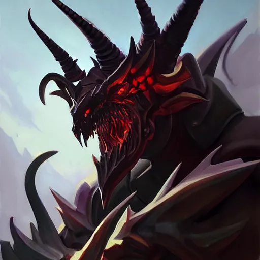 Image similar to Greg Manchess portrait painting of a horned, demonic, devil dragon armored character from league of legends, medium shot, asymmetrical, profile picture, Organic Painting, sunny day, Matte Painting, bold shapes, hard edges, street art, trending on artstation, by Huang Guangjian and Gil Elvgren and Sachin Teng