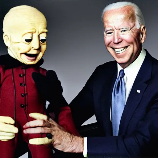 Image similar to UHD candid color photo of Klaus Schwab wearing Nazi uniform holding a ventriloquist dummy Joe Biden, accurate faces, UHD, photorealistic, correct face, photo by Annie Leibowitz