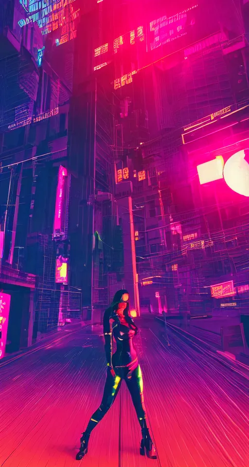 Prompt: cyberpunk women, neon lights, city, glow, sunset, retrowave style,