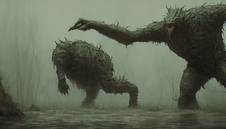 Prompt: Giant monster coming out of the swamp in the mist, hyperdetailed, artstation, cgsociety, 8k