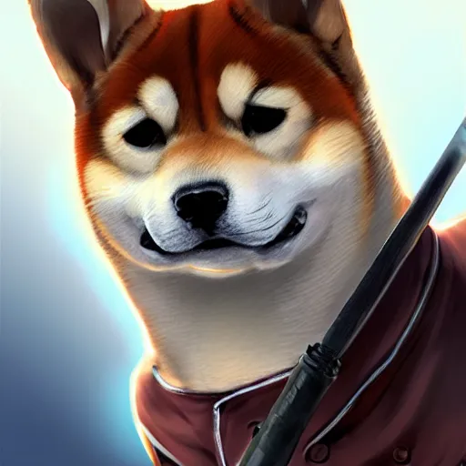 Image similar to shiba inu wearing a police uniform, holding a baseball bat, character design, highly detailed digital art, atmosphere, glow, lens flare, cinematic lightning, hyperrealistic, focused, extreme details, 4 k, ultra detailed, trending on artstation, masterpiece, digital art.