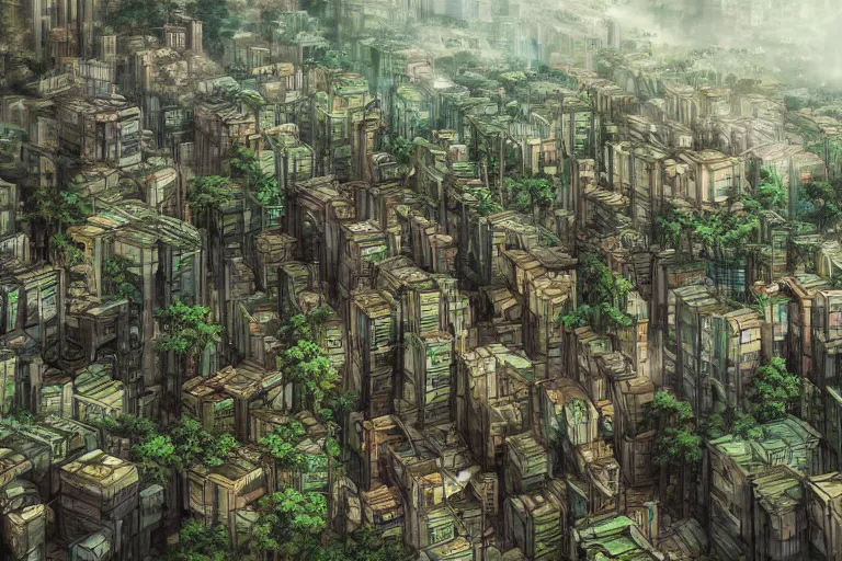 Image similar to kowloon walled forest city, still from studio ghibli anime movie, digital art, artgerm, trending on artstation