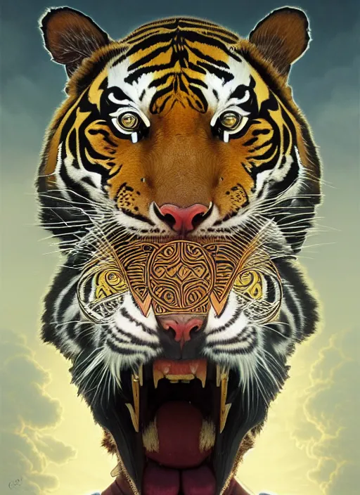 Image similar to symmetry!! portrait of a robot tiger, midsommar style, intricate, elegant, highly detailed, digital painting, artstation, concept art, smooth, sharp focus, illustration, art by artgerm and greg rutkowski and alphonse mucha, 8 k