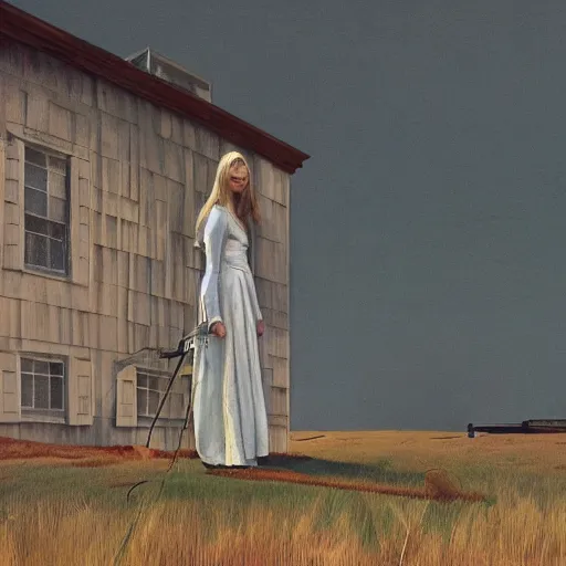 Prompt: Elle Fanning in the painted world of iRobot, head and shoulders masterpiece, apocalypse, golden hour, cosmic horror, artstation, in the style of Andrew Wyeth and Edward Hopper and Bosch, extremely detailed
