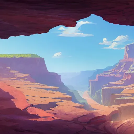 Image similar to concept art painting of a grand canyon with huge ocean inside, giant river, with unfinished bridge under construction, realistic, detailed, cel shaded, in the style of makoto shinkai and greg rutkowski and james gurney