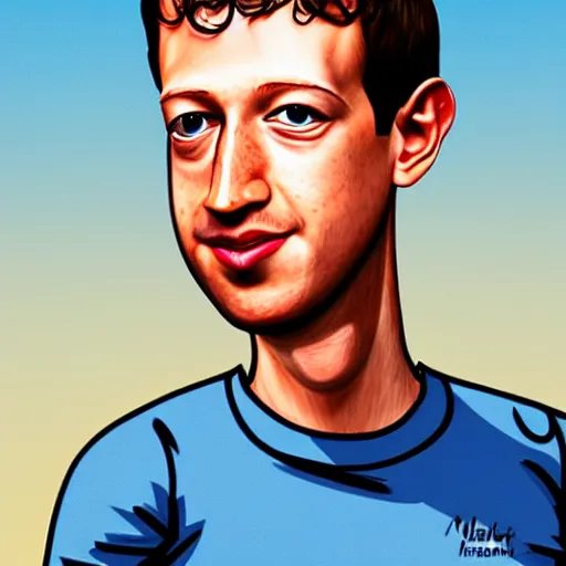 Prompt: a caricature portrait of Mark Zuckerberg drawn by Mahesh Nambiar