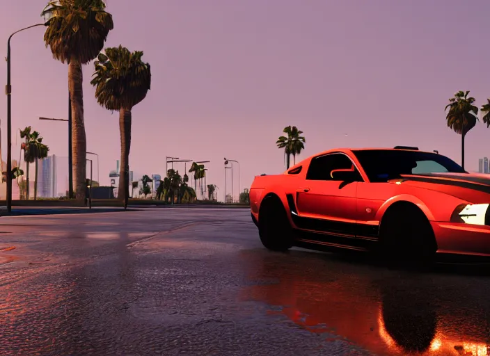 Image similar to still next - gen ps 5 game grand theft auto 6 2 0 2 4 remaster, graphics mods, rain, red sunset, people, rtx reflections, gta vi, miami, palms and miami buildings, photorealistic screenshot, unreal engine, 4 k, 5 0 mm bokeh, close - up ford mustang, gta vice city remastered, artstation