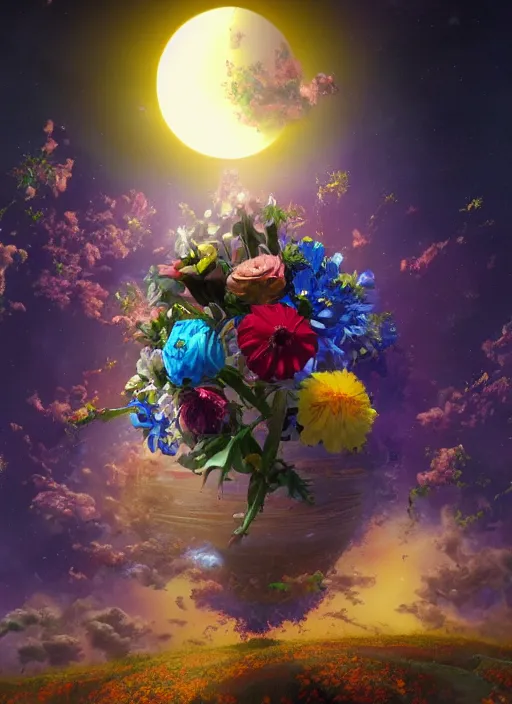 Image similar to An epic fantastic realism comic book style painting of the most beautiful flowers launched into space, bouquets, solar eclipse, fisheye, unreal 5, DAZ, hyperrealistic, octane render, dynamic lighting