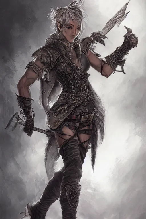 Prompt: portrait asian - looking rogue dnd fantasy character wearing a vest and high boots single character concept art digital art medium shot highly detailed sharp focus photorealistic illustration wlop luis royo 1 2 3 4