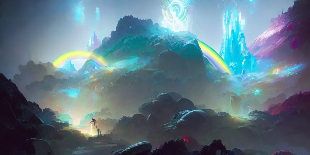 Image similar to bifrost the rainbow bridge across realities by peter mohrbacher and marc simonetti and craig mullins