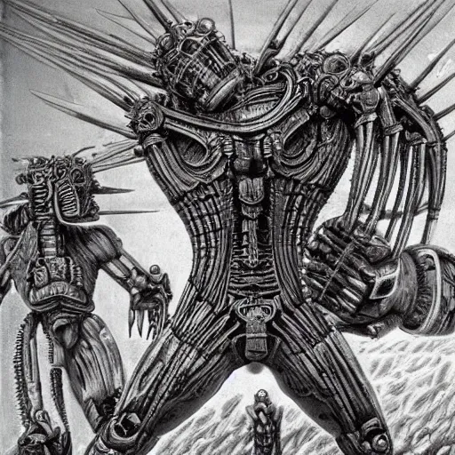 Prompt: last fight against the titan, highly detailed, artwork by H.R. Giger