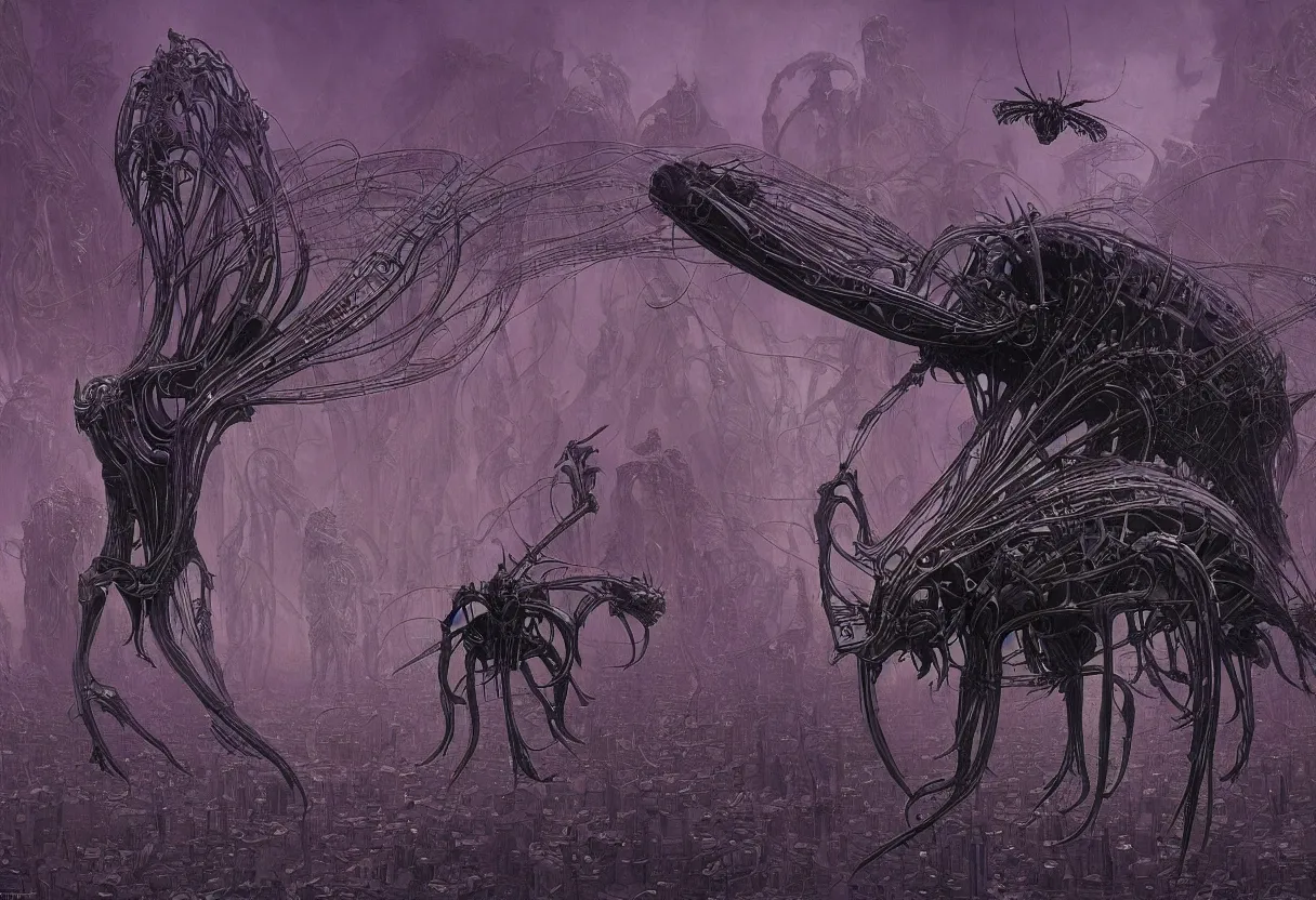 Image similar to an enormous purple and black symmetrical insectoid being with many compound eyes descending on earth, by daniel - by greg rutkowski and raymond swanland hr giger and zdzislaw beksinski and alphonse mucha and moebius, matte painting, hyperdetailed, symmetry, art nouveau, beautiful render, concept art