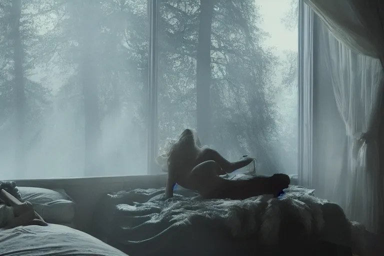 Image similar to vfx movie scene sleep paralysis night, a monster outside the extravagant bedroom window, natural lighting by emmanuel lubezki