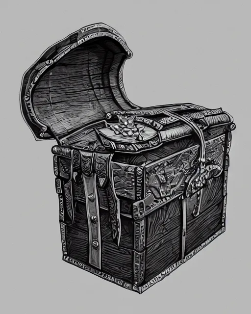 Image similar to a treasure chest, black and white, fantasy art, object art, illustration, fantasy, intricate, hyper detailed, artstation, concept art, smooth, sharp focus, ray tracing