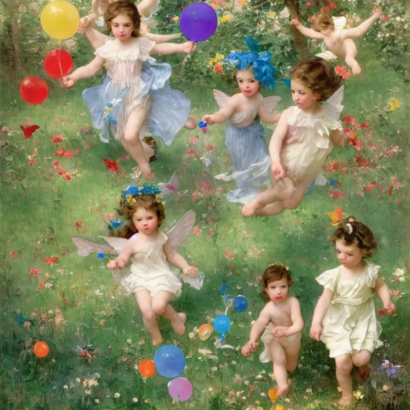 Prompt: idyllic cute toddler children with iridescent wings running through whimsical forest landscape with lollypops, streamers, balloons, blue sky, flowers. dreamlike fantasy painting by norman rockwell, bouguereau. trending on artstation.