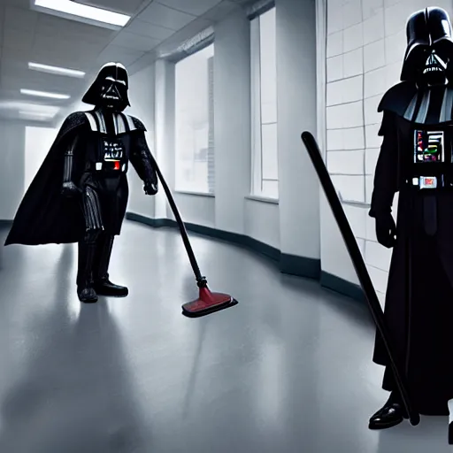 Image similar to darth vader as a high school janitor, 4 k, high detail, high - resolution photograph, professional photography, ultra - detail