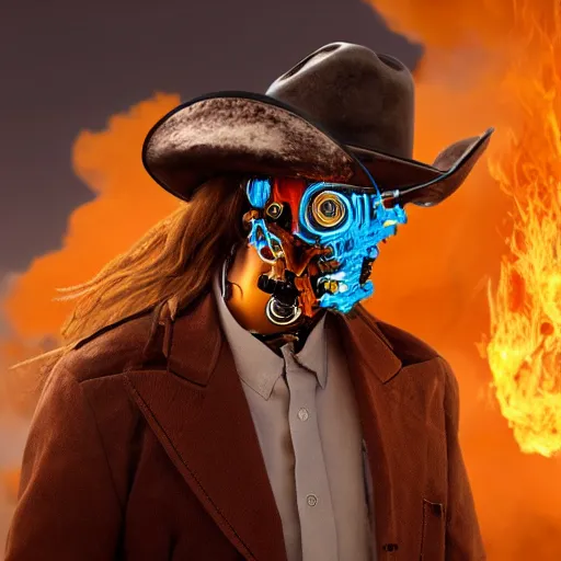 Image similar to robotic cyborg horse with cowboy hat and fiery mane, post-apocalyptic burning background, portrait