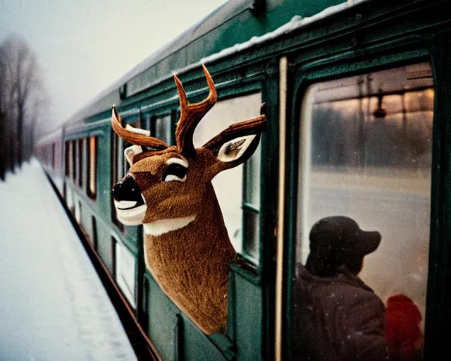 Image similar to a lomography photo of rumble between two human with deer head in soviet train this morning, bokeh,