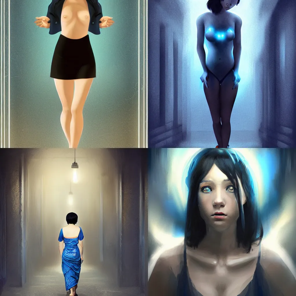 Prompt: A young woman with short black hair slowly walks down the darkened hallway towards the camera, timid and vulnerable expression, but glowing with blue holy energy, full body shot, strong contrast, digital painting by WLOP